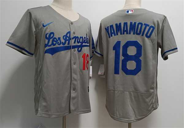 Mens Los Angeles Dodgers #18 Yoshinobu Yamamoto Nike Grey Los Angeles FlexBase Jersey